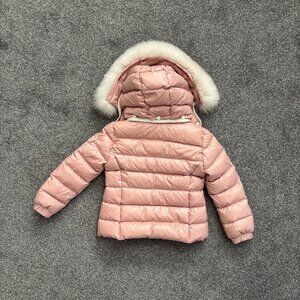 Moncler pink puffer coat, removable hood, removable fur, 2 zipper pockets